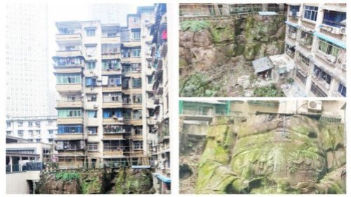 近日，四川重庆市一处社区拆除外墙时，惊见一座13米高的“无头巨佛”，藏在居民楼的下面。据悉，这座巨佛有长达千年的历史，是座摩崖弥勒像。1950年左右，巨佛头部被破坏，其余部位完好。 