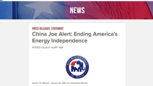 美国总统拜登上任第一天，就下令取消了加拿大到美国的输油管项目（Keystone XL）许可，引发两国舆论谴责。两天后，德州共和党也发表声明批评此举，标题直接称呼乔·拜登为“中国乔”。 å·žå…±å’Œå…šï¼šæ‹œç™»ç»“æŸç¾Žå›½èƒ½æºè‡ªä¸»
