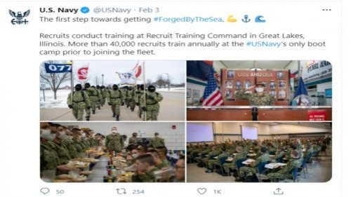 美国海军2月3号发布新兵训练图片新闻 军人敬礼背景依然使用川普头像 明示海军只承认川普是最高统帅 军方不会犯这样的低级错误 只有一种解释 ：军方根本不承认拜登 军方是捍卫美国宪法的最后一道保障