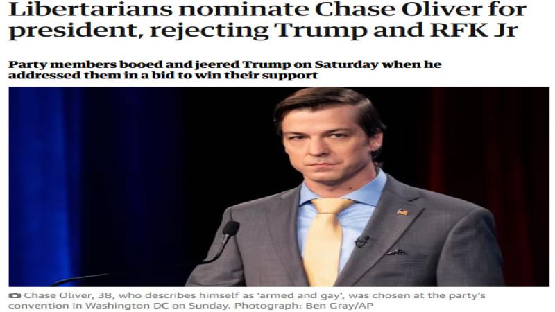 经过周日（5月26日）漫长的提名投票，自由党提名切斯·奥利弗（Chase Oliver）为其2024年美国总统候选人，巩固了选民基础，以便在11月大选中分一杯羹