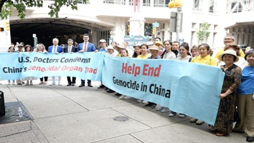 美器官移植大会外 各界集会揭中共活摘罪行